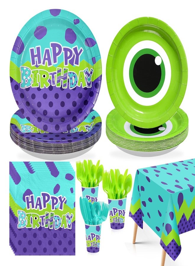 Greencian 170Pcs Monster Birthday Party Supplies Monster Themed Plates and Napkins Cups, Forks, Tablecloth Green and Purple Cartoon Party Supplies for Kids Birthday Baby Shower Decoration Serves 24 - Image 1